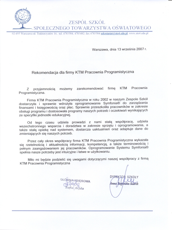 Referencje od Zesp� Szk� Sto�ecznego Towarzystwa O�wiatowego w Warszawie