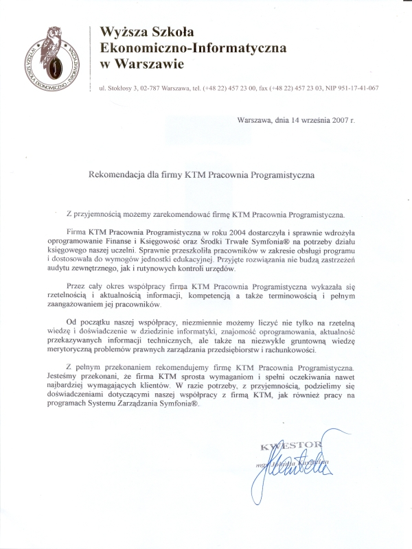 referencje od Wy�szej Szko�y Ekonomiczno-Informatycznej