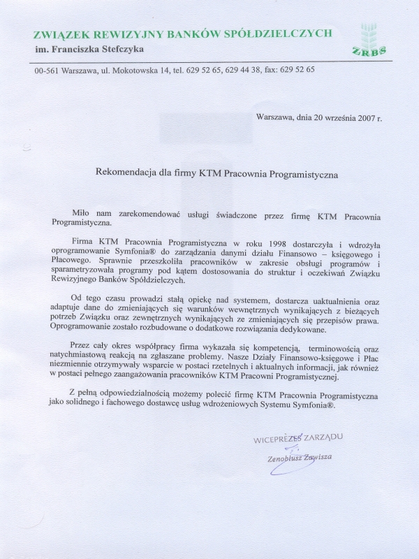 Referencje od Zwi�zku Rewizyjnego Bank�w Sp�dzielczych im. Franciszka Stefczyka w Warszawie